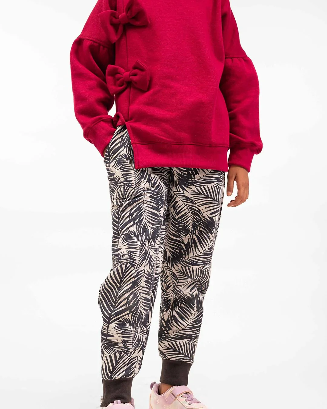 Girls Bow Sweatshirt & Leaf Print Jogger Set | Maroon - Image 6