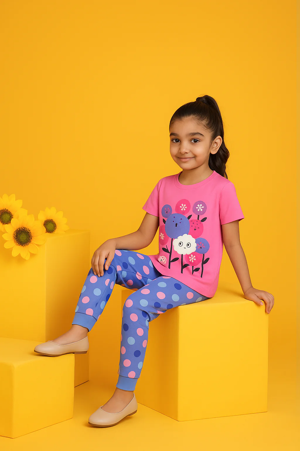 Girls' Cute Cat &amp; Flower Print Pajama Set - Short Sleeve - Image 2
