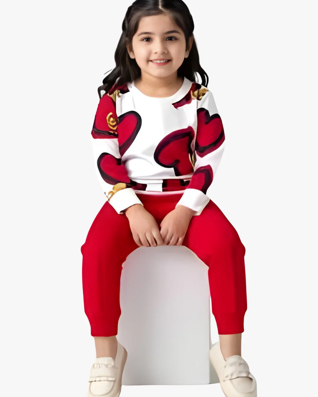 Girls Red Heart Print Sweatshirt & Jogger Set - Image 2