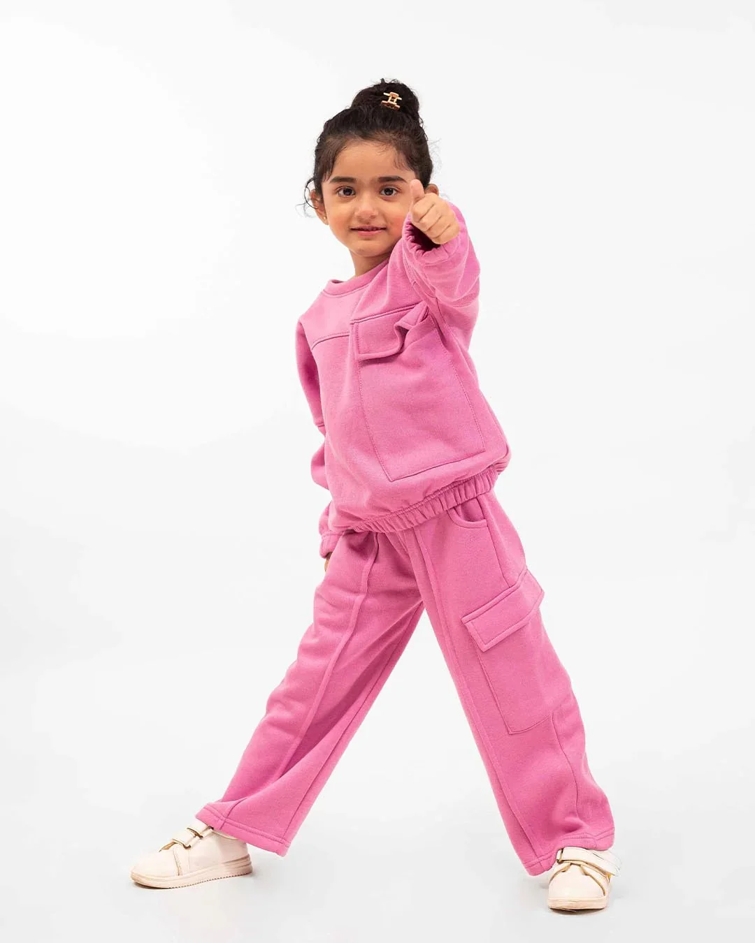 Girls Winter Fleece Cargo Suit – Pink Warm Sweatshirt & Trouser Set - Image 2