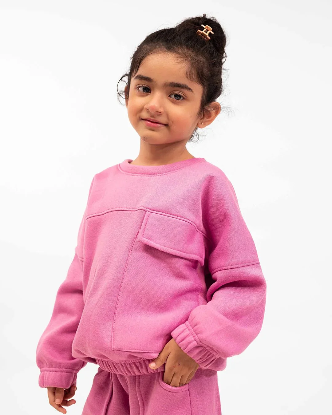 Girls Winter Fleece Cargo Suit – Pink Warm Sweatshirt & Trouser Set - Image 3