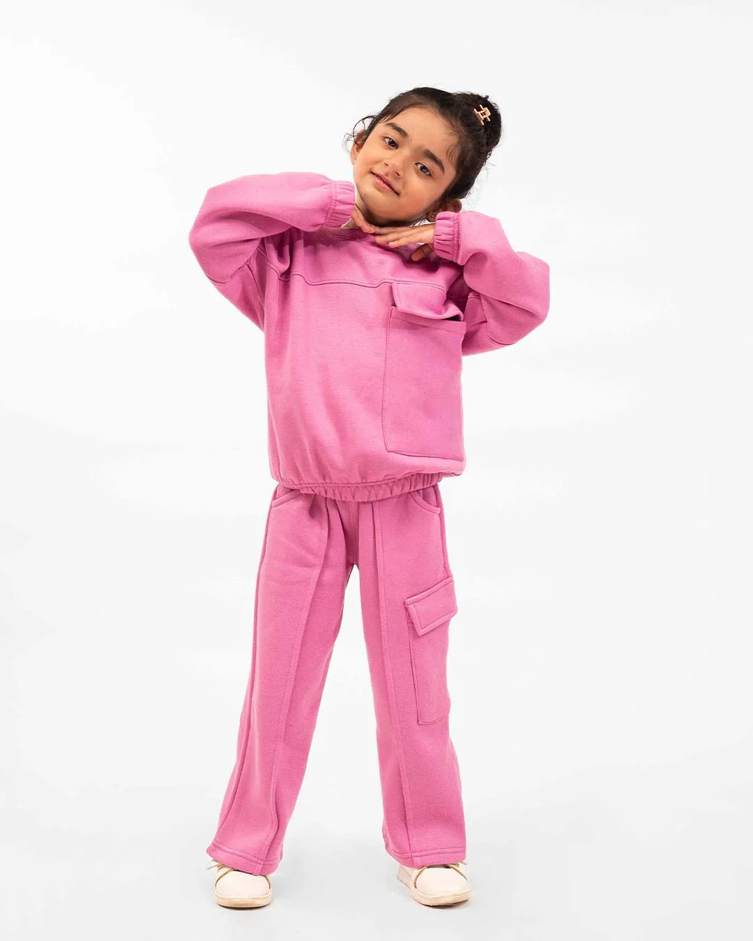 Girls Winter Fleece Cargo Suit – Pink Warm Sweatshirt & Trouser Set - Image 4