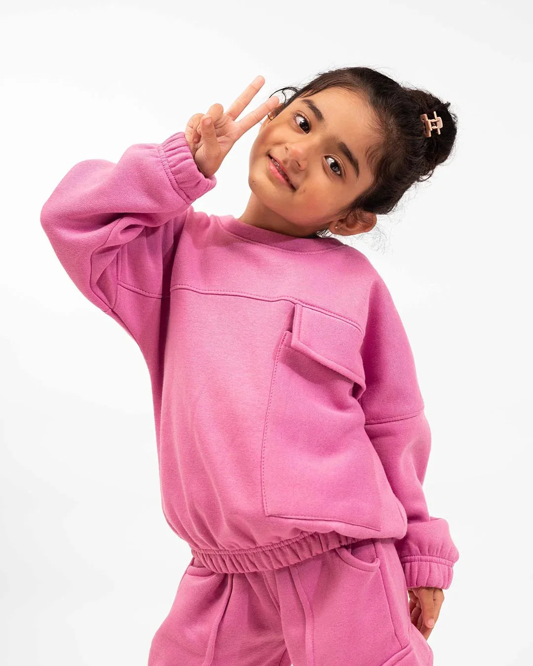 Girls Winter Fleece Cargo Suit – Pink Warm Sweatshirt & Trouser Set - Image 5