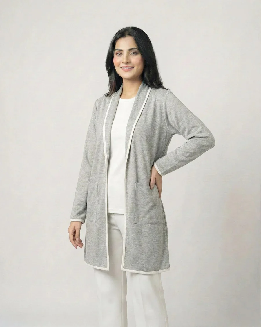 Grey Front Open Long Coat Dual Pockets Jacket - Image 3