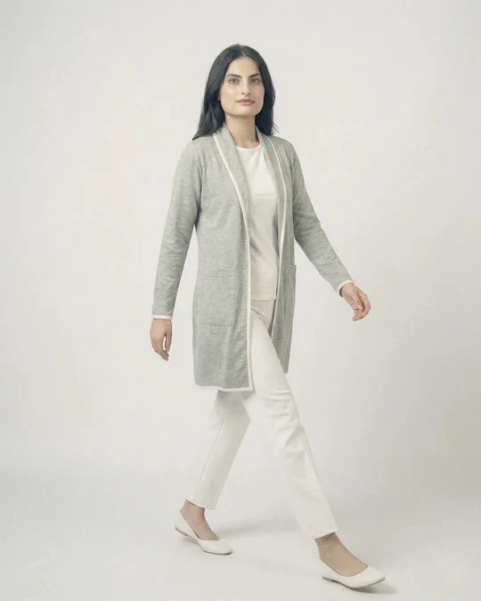 Grey Front Open Long Coat Dual Pockets Jacket - Image 5