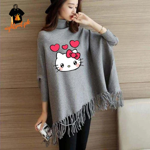 Grey Kitty Printed Poncho
