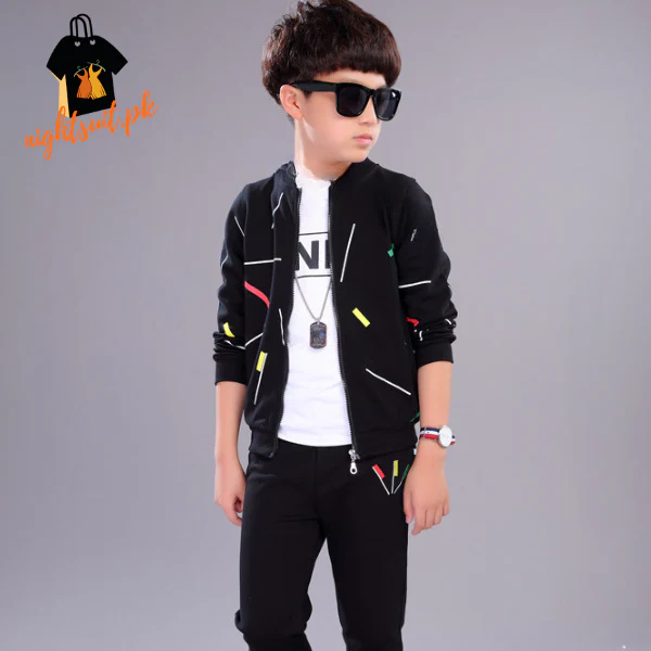 Kids Black Printed Zipper with Warm Black Trouser ( 3 Piece ) - Image 3