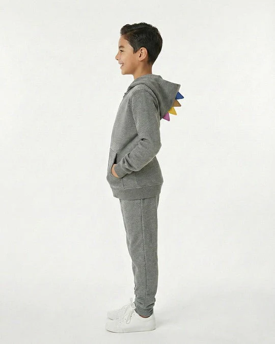 Kids Grey Fleece Hoodie & Jogger Set with Dino Spike Hood - Image 4