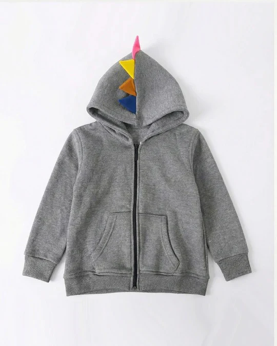 Kids Grey Fleece Hoodie & Jogger Set with Dino Spike Hood - Image 5
