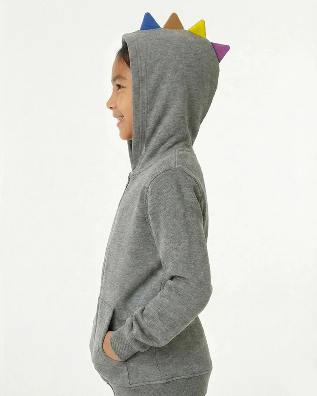 Kids Grey Fleece Hoodie & Jogger Set with Dino Spike Hood - Image 7