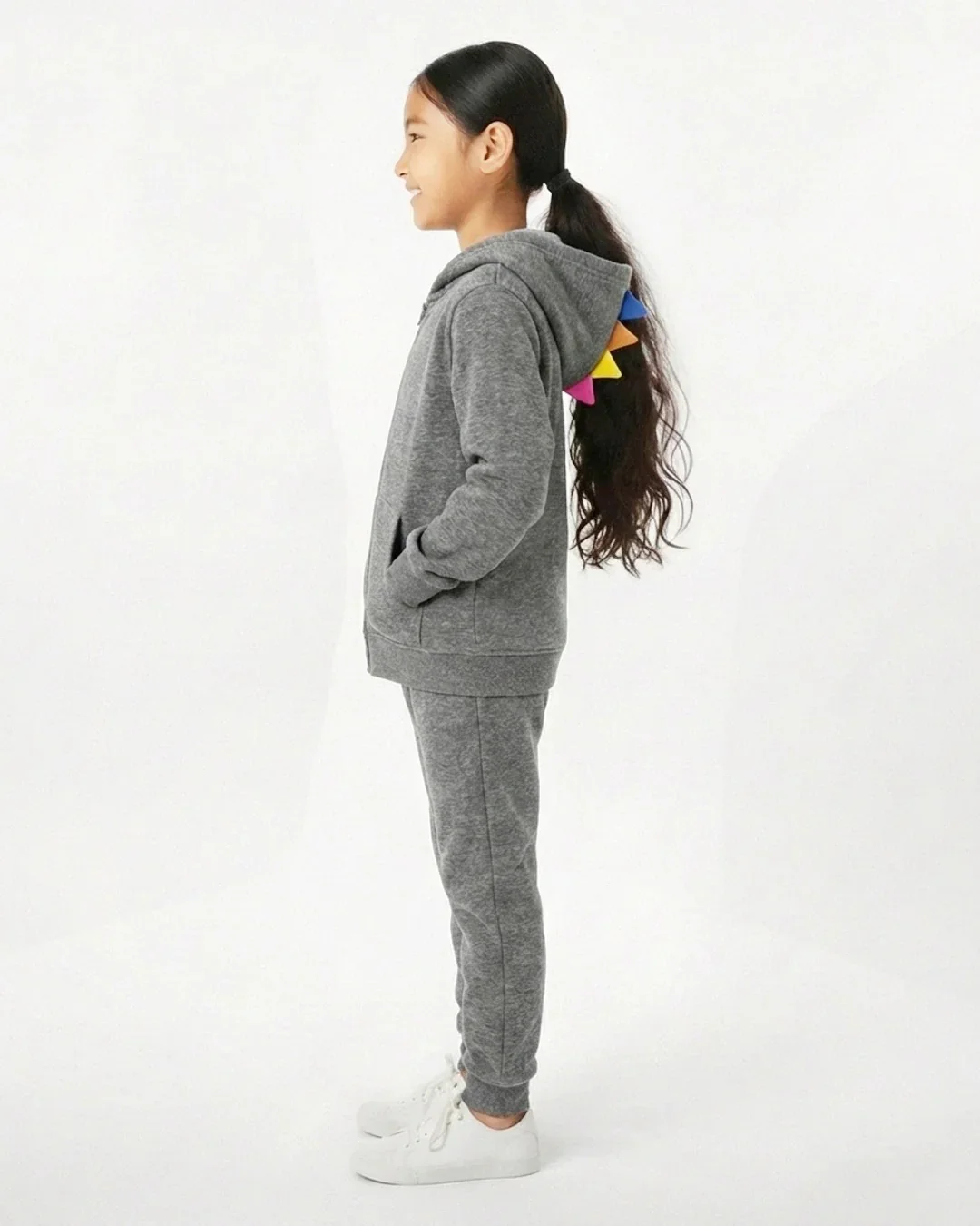 Kids Grey Fleece Hoodie & Jogger Set with Dino Spike Hood - Image 8