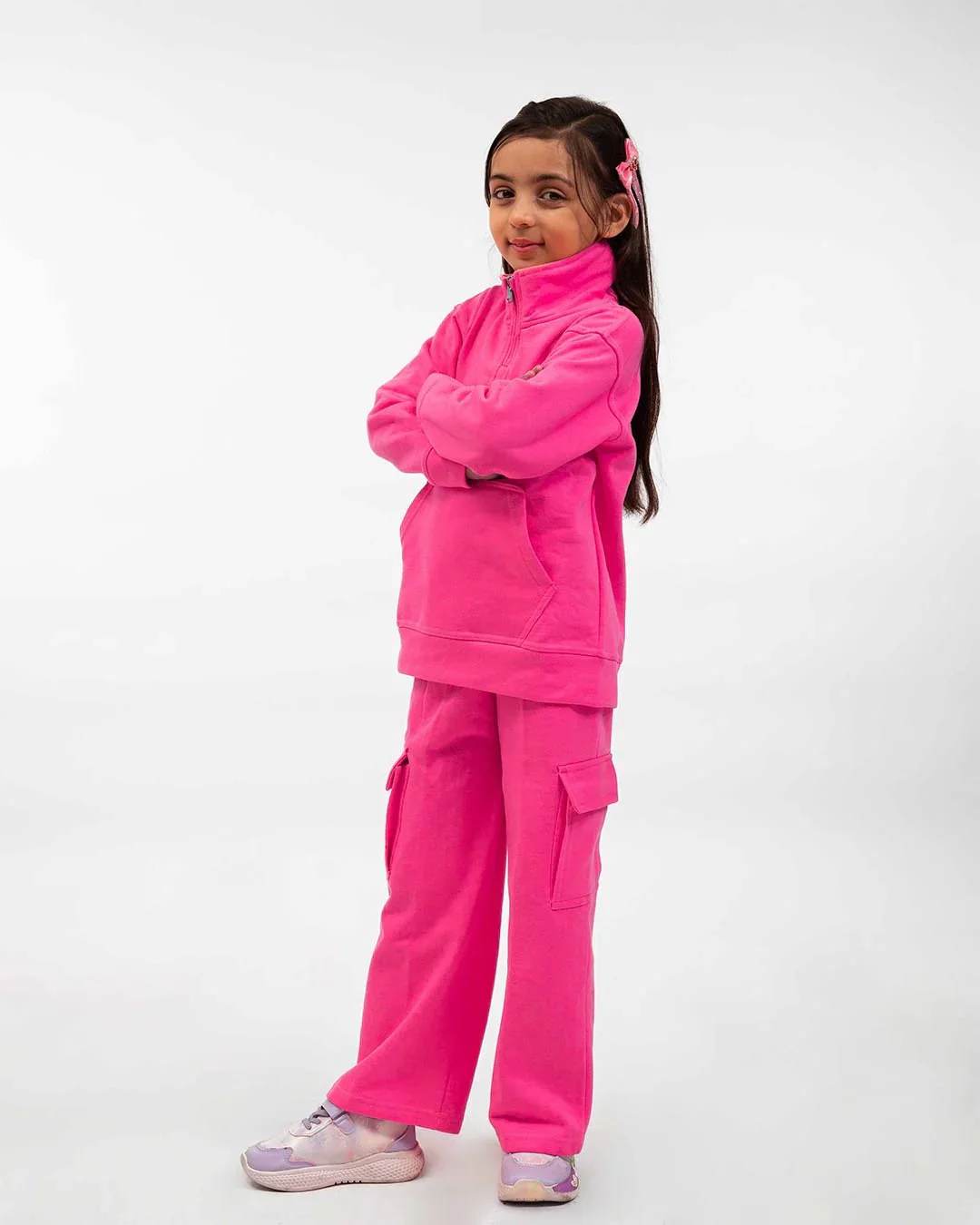 Kids Hot Pink Fleece Cargo Tracksuit - Image 2