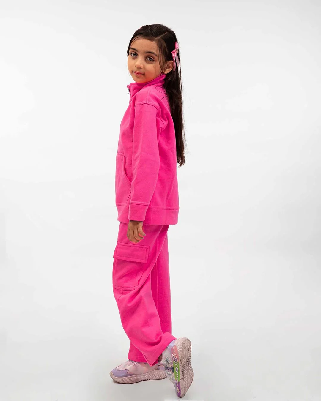Kids Hot Pink Fleece Cargo Tracksuit - Image 3