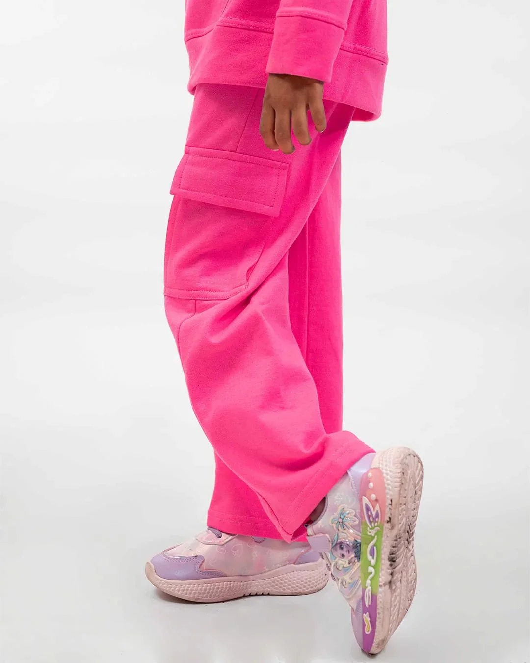 Kids Hot Pink Fleece Cargo Tracksuit - Image 4