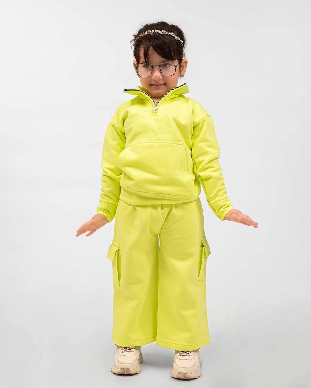 Kids Neon Yellow Fleece Cargo Tracksuit - Image 2