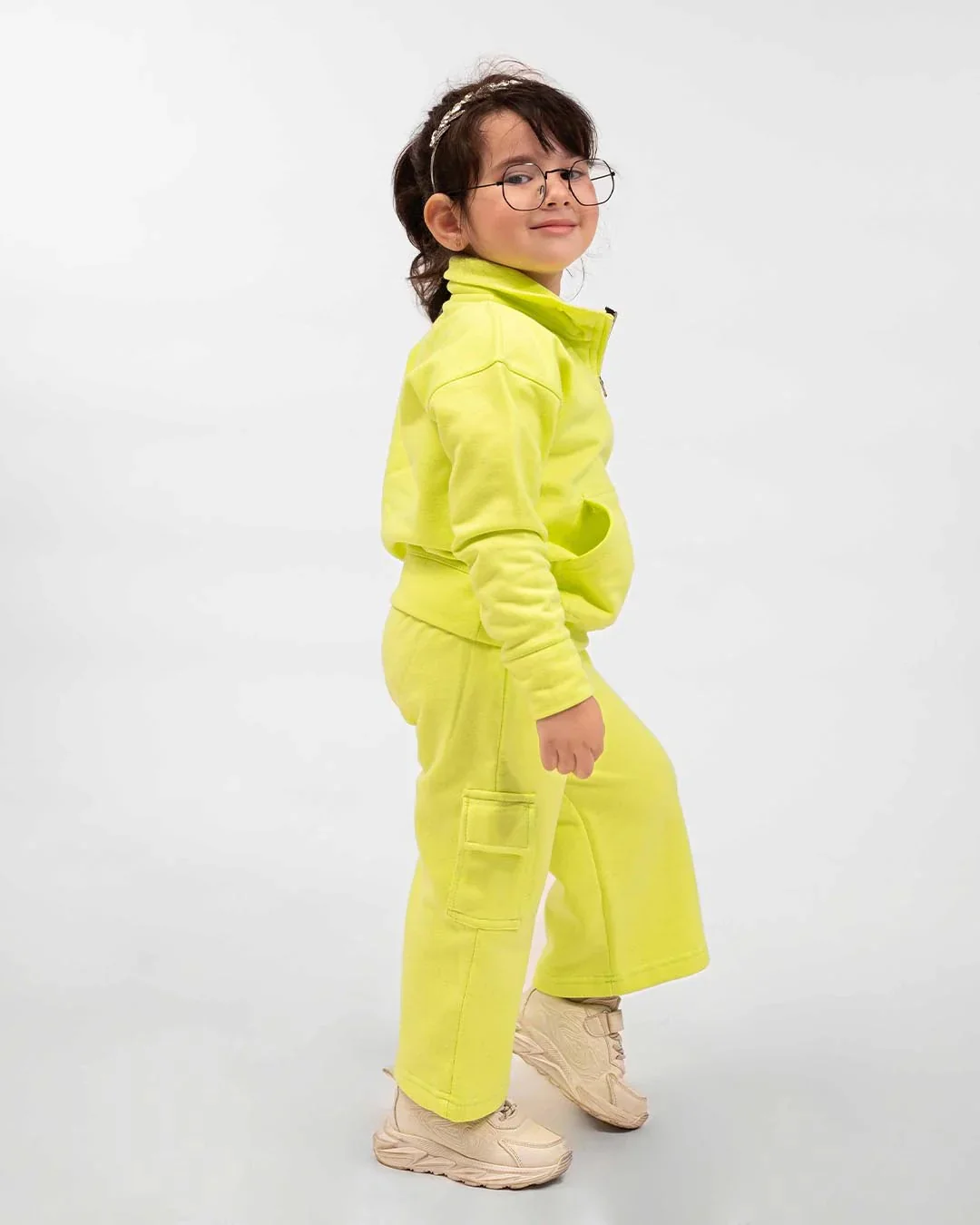 Kids Neon Yellow Fleece Cargo Tracksuit - Image 3