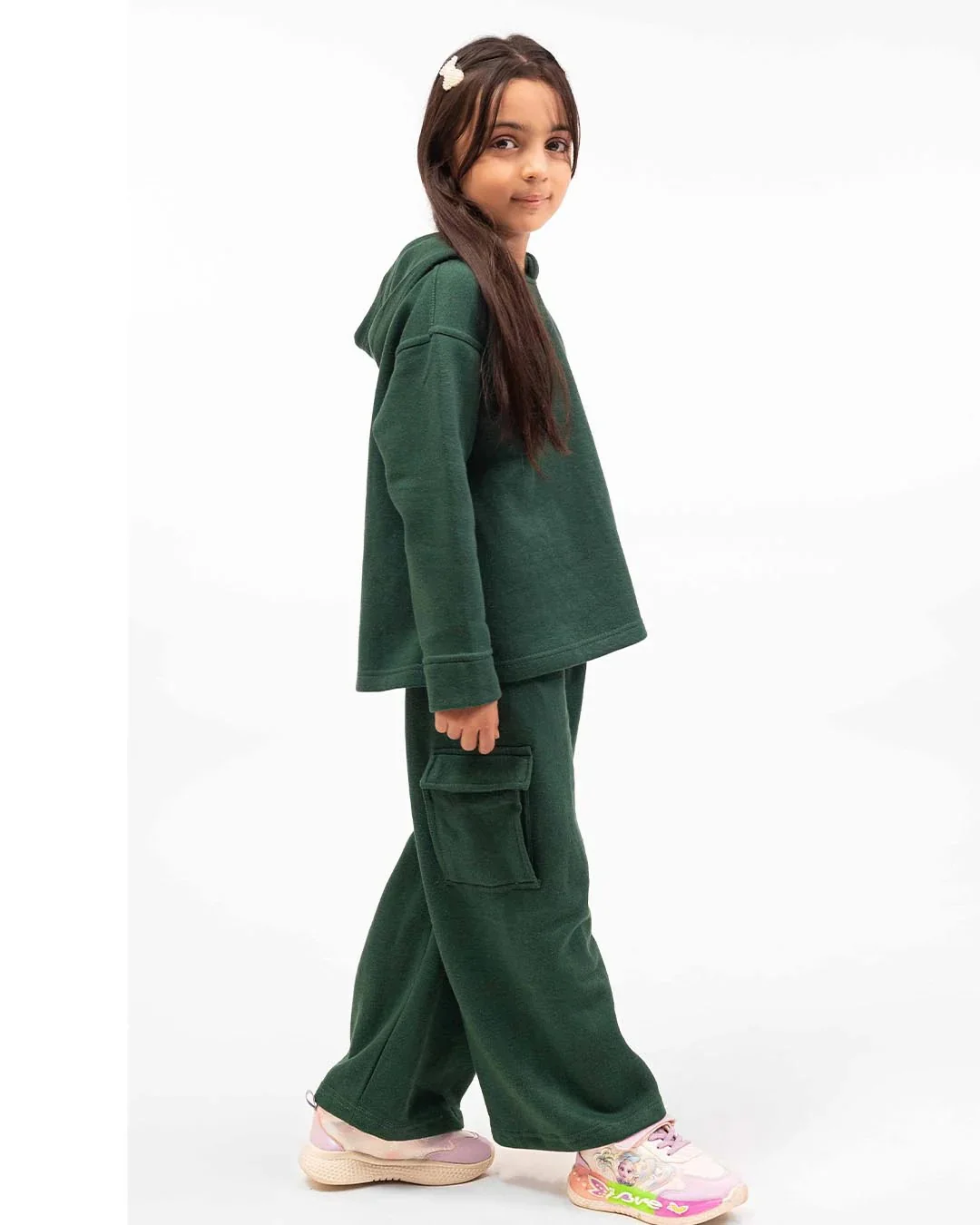 Kids Premium Fleece Cargo Hoodie & Wide-Leg Trouser Set – Forest Green - Image 3