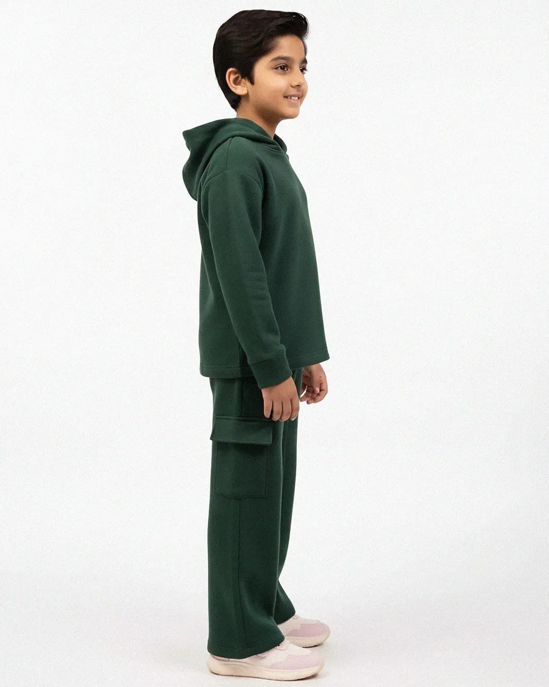Kids Premium Fleece Cargo Hoodie & Wide-Leg Trouser Set – Forest Green - Image 4