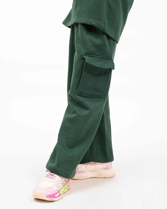 Kids Premium Fleece Cargo Hoodie & Wide-Leg Trouser Set – Forest Green - Image 5