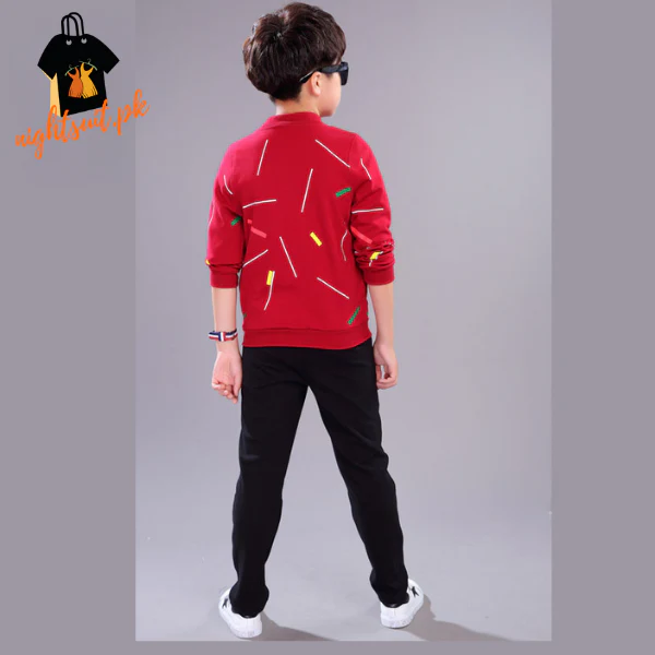 Kids Red Printed Zipper with Warm Black Trouser ( 3 Piece ) - Image 3