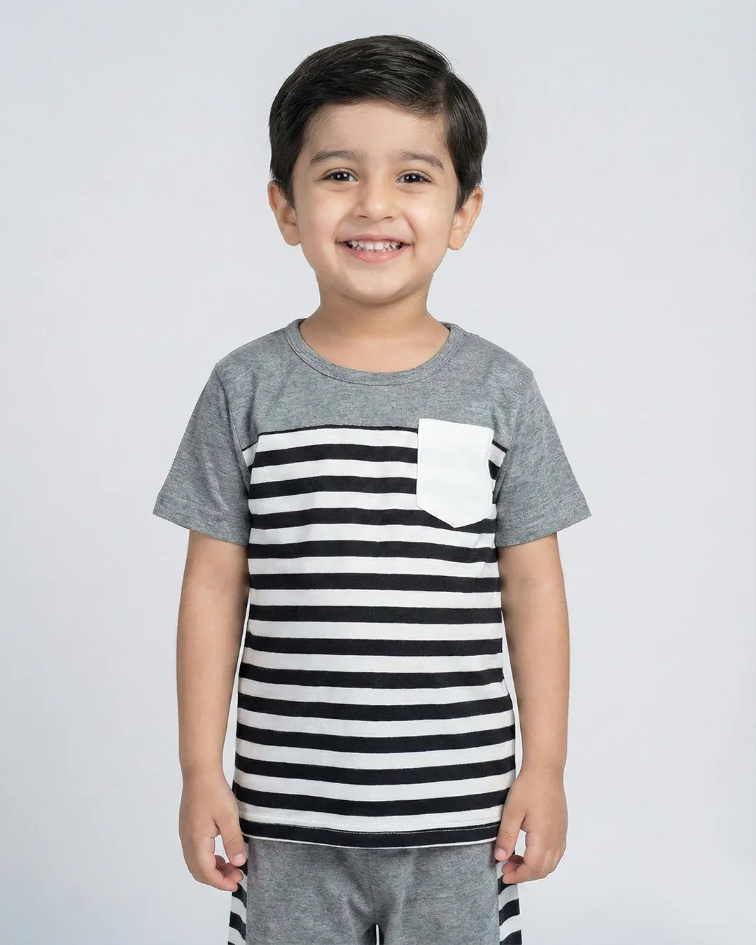 Kids Striped T-Shirt & Shorts Set – Grey & Black - Image 2