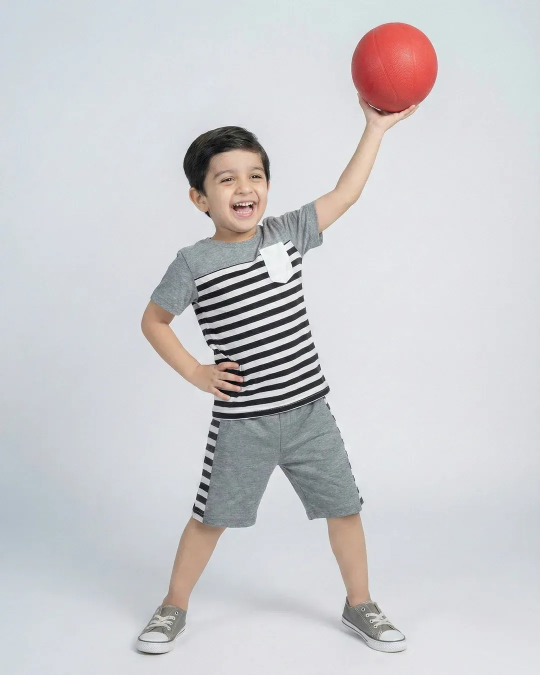 Kids Striped T-Shirt & Shorts Set – Grey & Black - Image 3