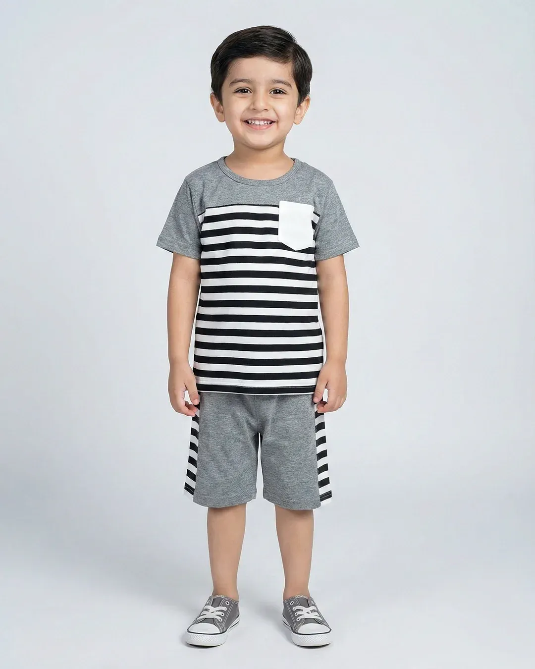 Kids Striped T-Shirt & Shorts Set – Grey & Black - Image 4