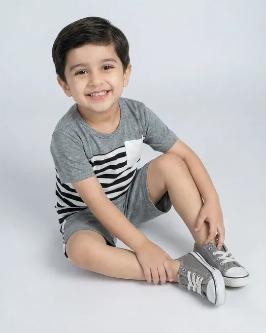 Kids Striped T-Shirt & Shorts Set – Grey & Black - Image 5