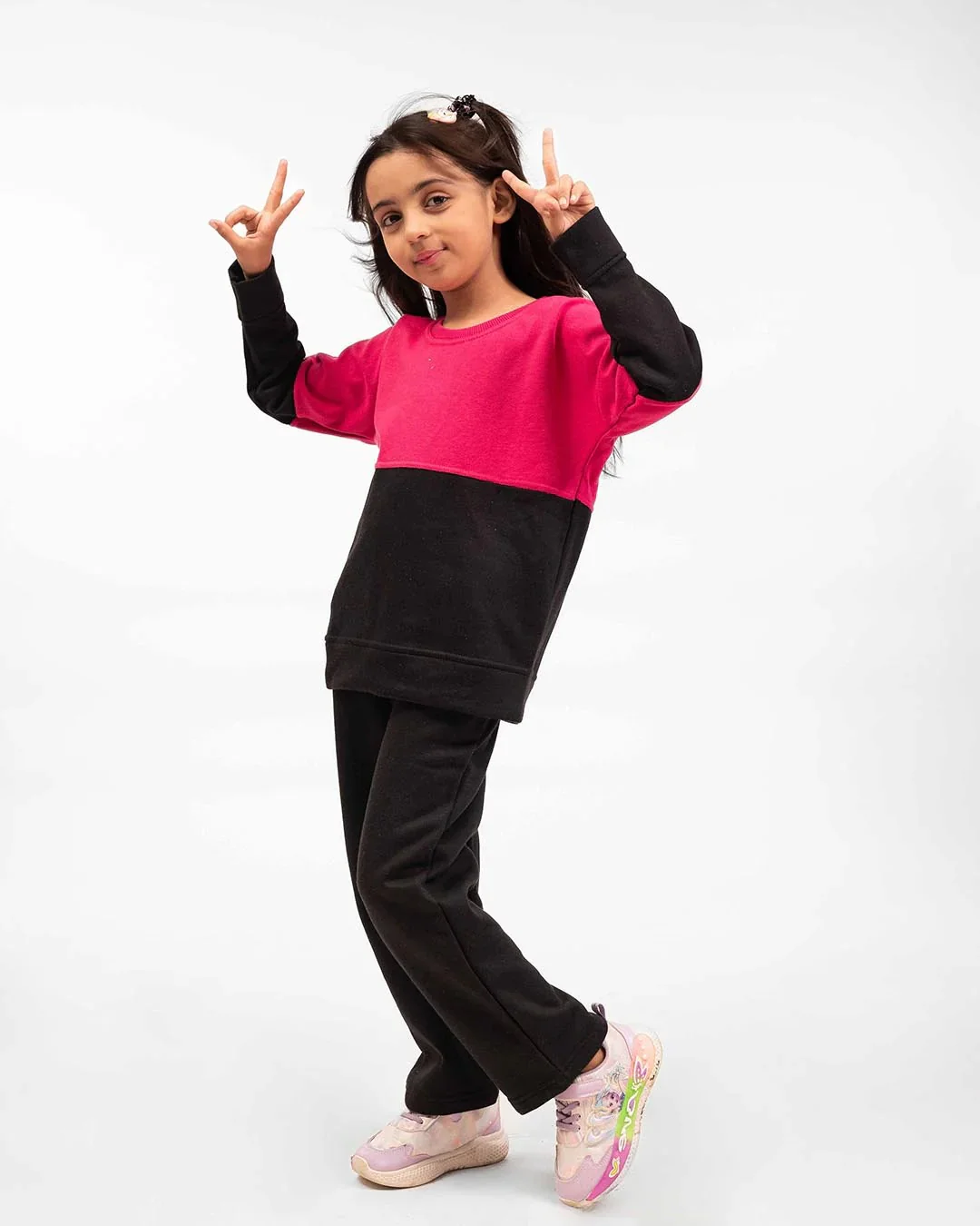 Kids Two-Tone Sweatshirt & Jogger Set –Pink & Black - Image 2