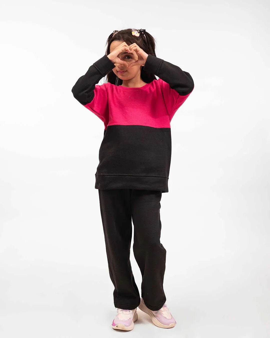 Kids Two-Tone Sweatshirt & Jogger Set –Pink & Black - Image 3