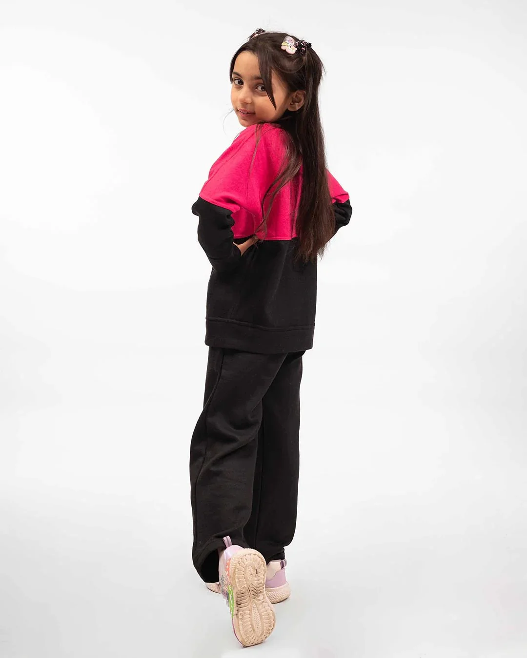 Kids Two-Tone Sweatshirt & Jogger Set –Pink & Black - Image 5