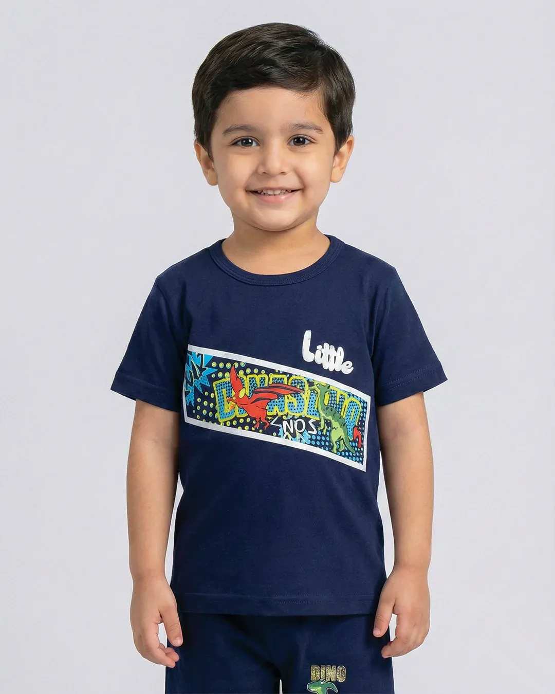 Little Dino Boys Navy Blue T-Shirt & Shorts Set - Image 2