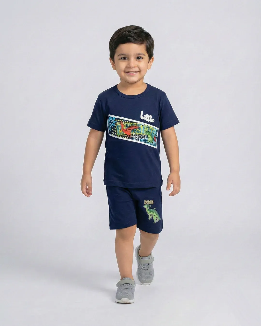 Little Dino Boys Navy Blue T-Shirt & Shorts Set - Image 3