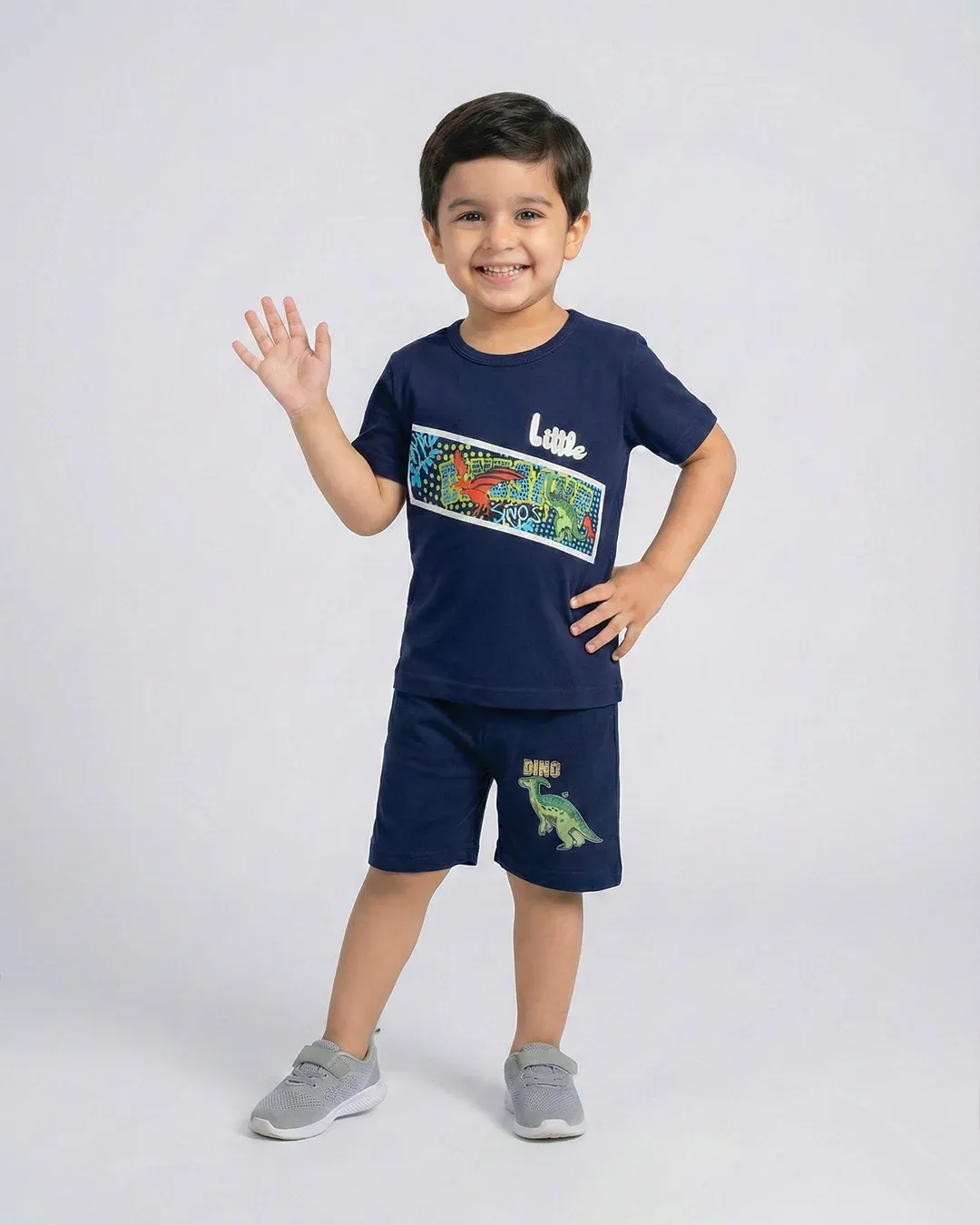 Little Dino Boys Navy Blue T-Shirt & Shorts Set - Image 4
