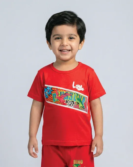Little Dino Boys Red T-Shirt & Shorts Set - Image 5