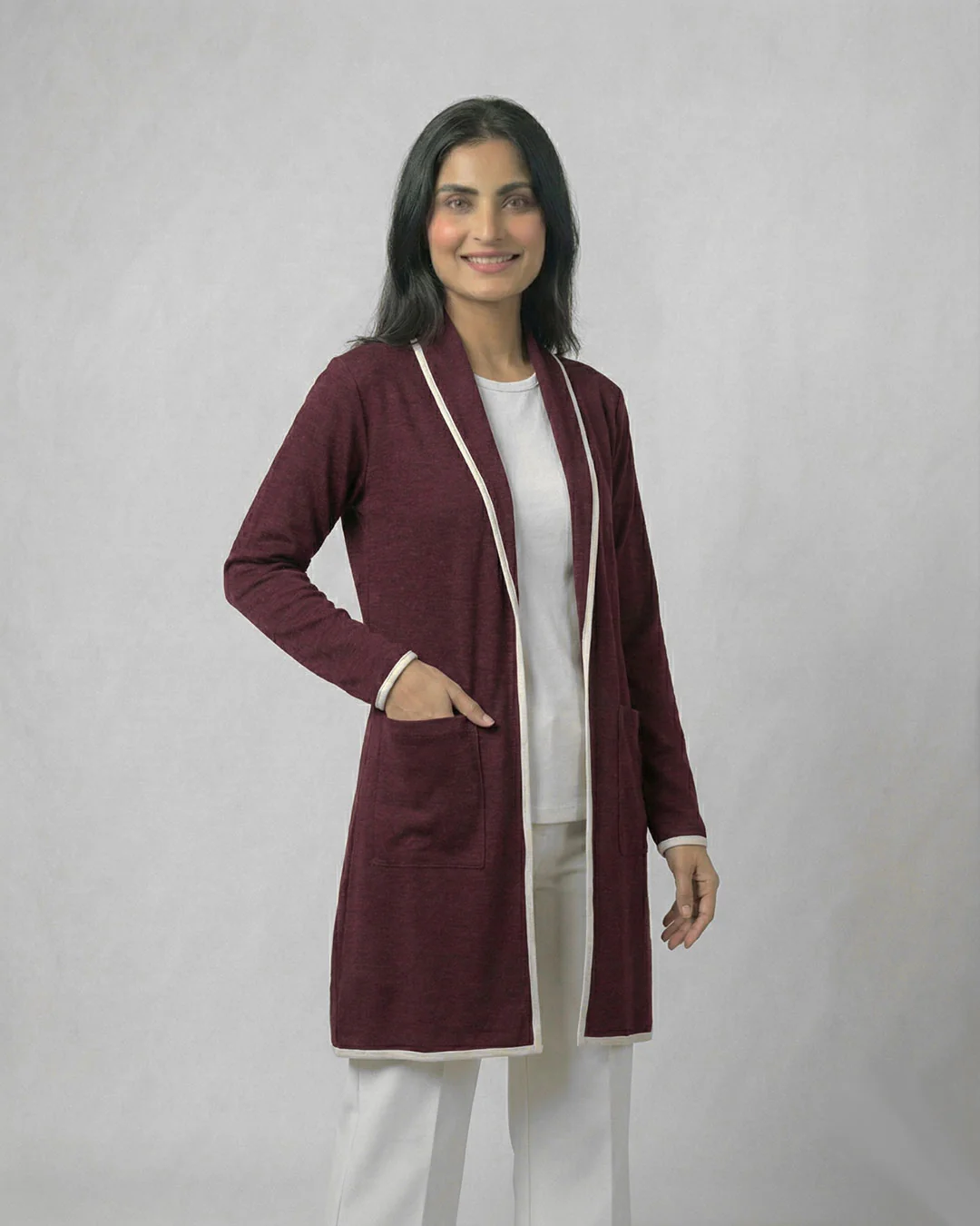 Maroon Front Open Long Coat Dual Pockets Jacket - Image 3