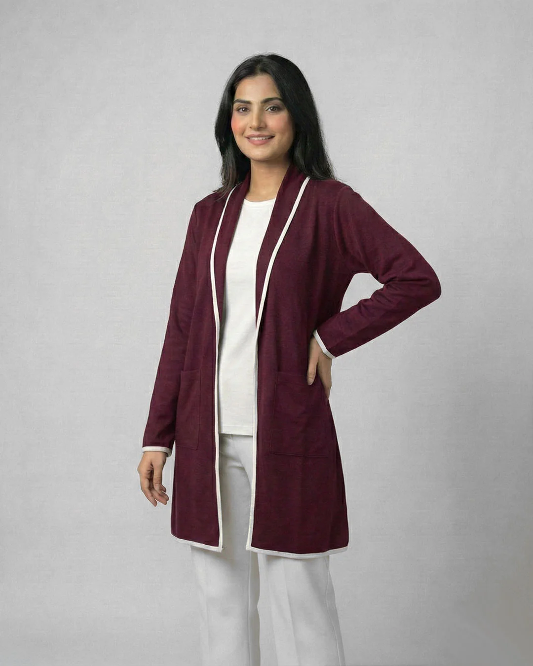 Maroon Front Open Long Coat Dual Pockets Jacket - Image 4