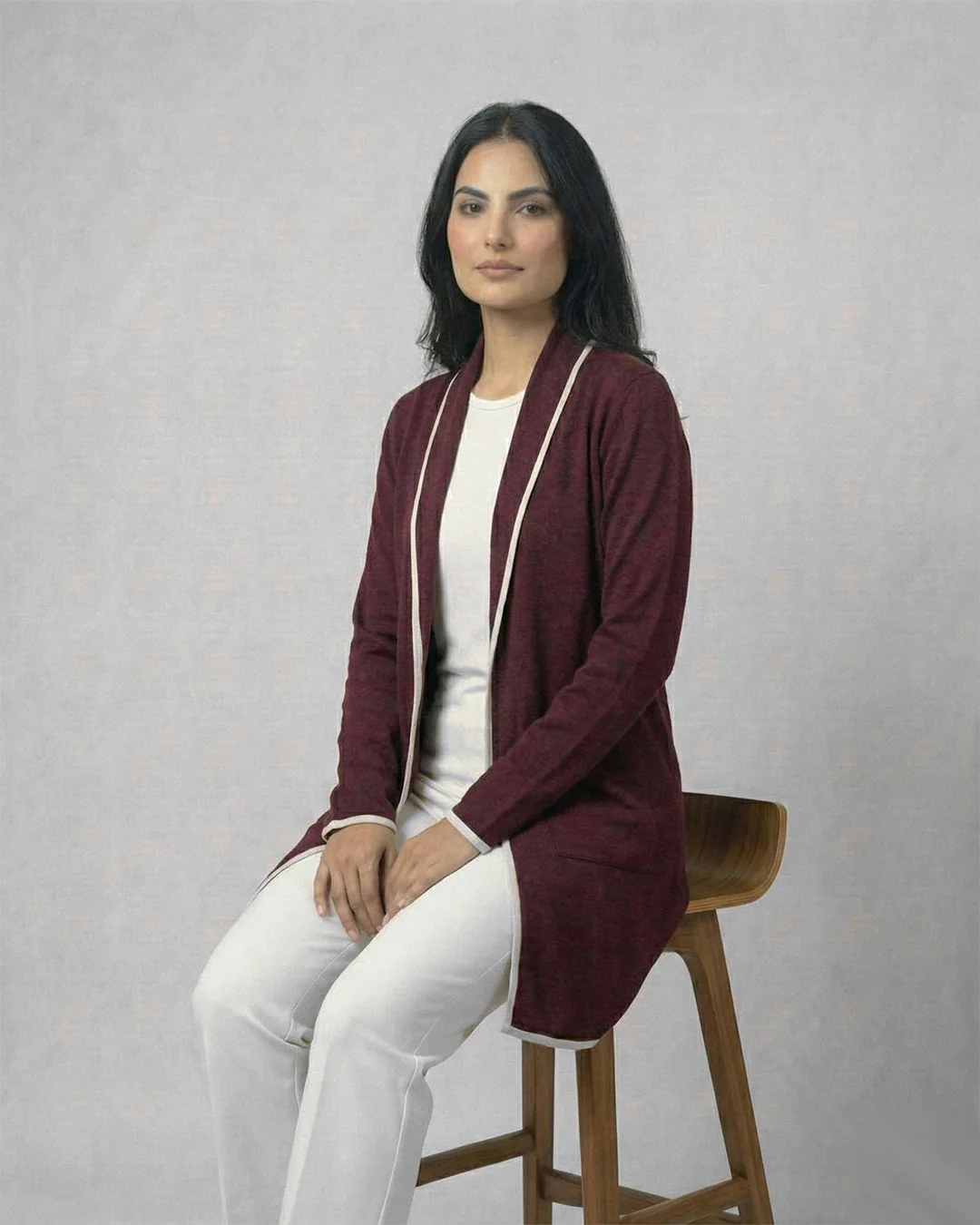 Maroon Front Open Long Coat Dual Pockets Jacket - Image 6