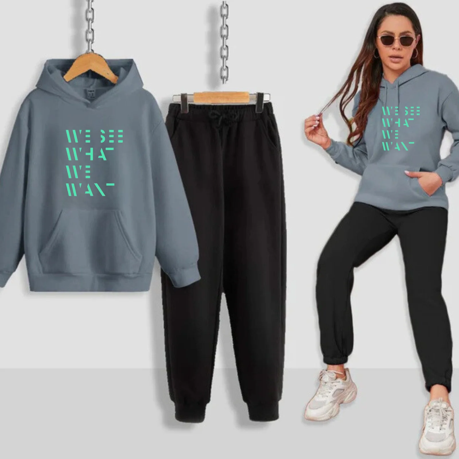 We See What We Want Printed Women Hoodie Set - Image 11