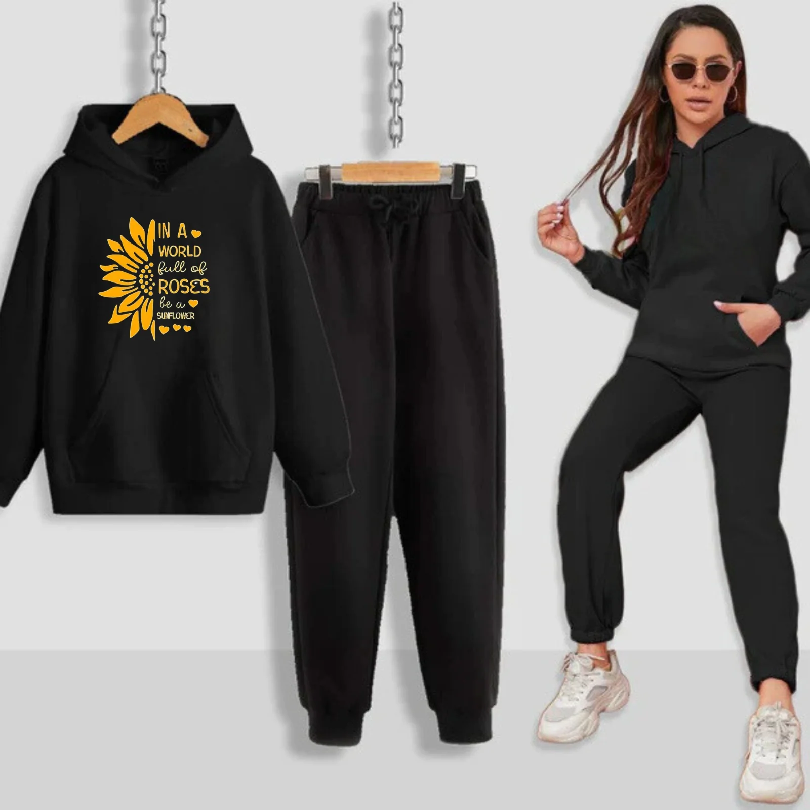 Sun Flower Printed Women Hoodie Set - Image 3