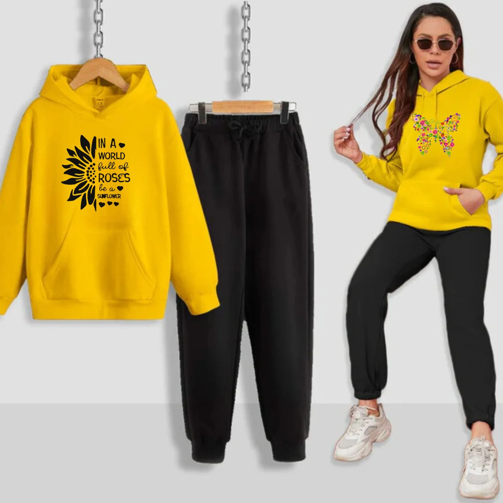 Sun Flower Printed Women Hoodie Set - Image 4