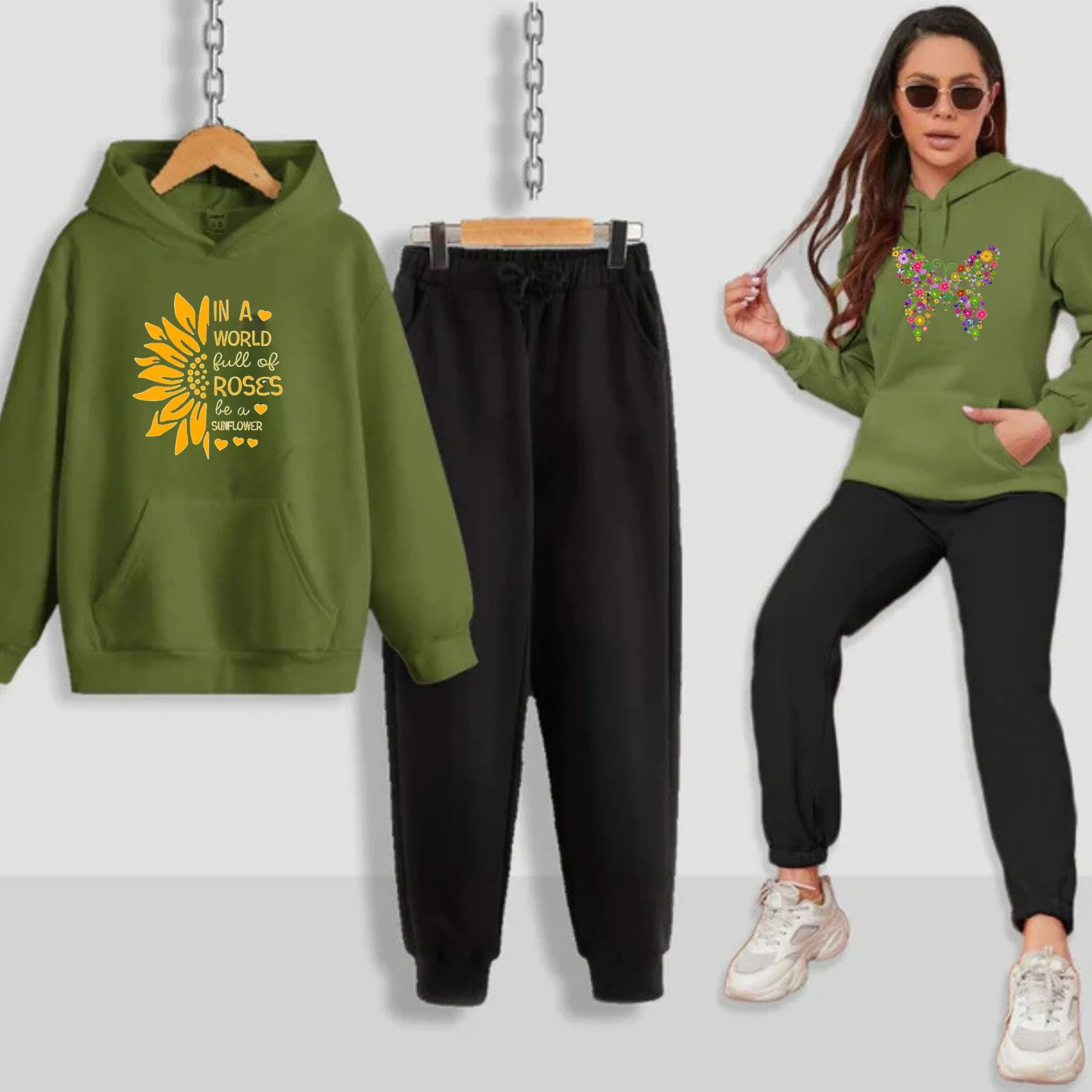Sun Flower Printed Women Hoodie Set - Image 5