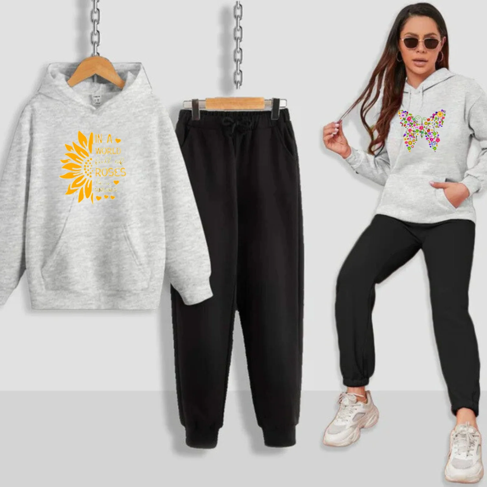 Sun Flower Printed Women Hoodie Set - Image 8