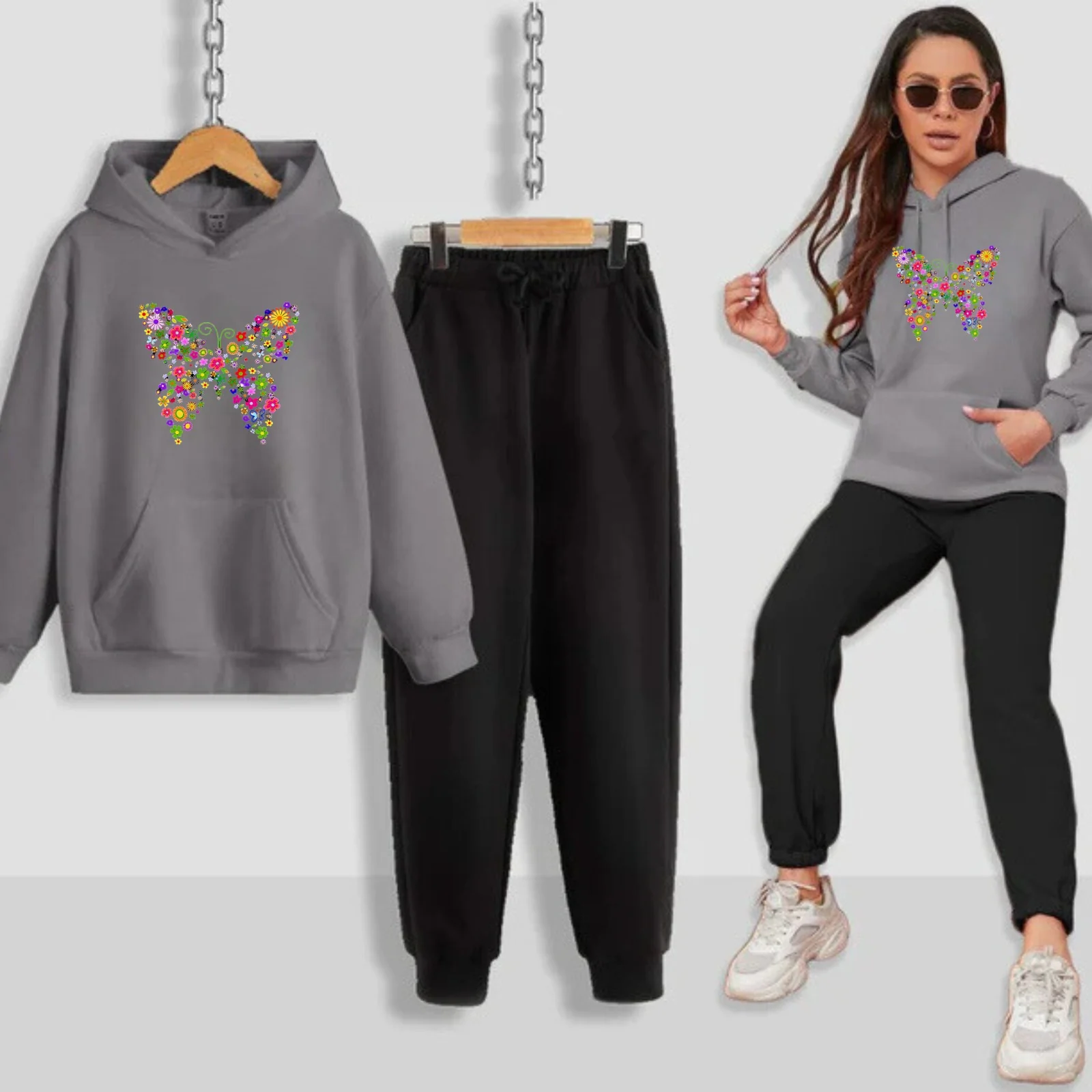 Multi Butterfly Printed Women Hoodie Set - Image 3
