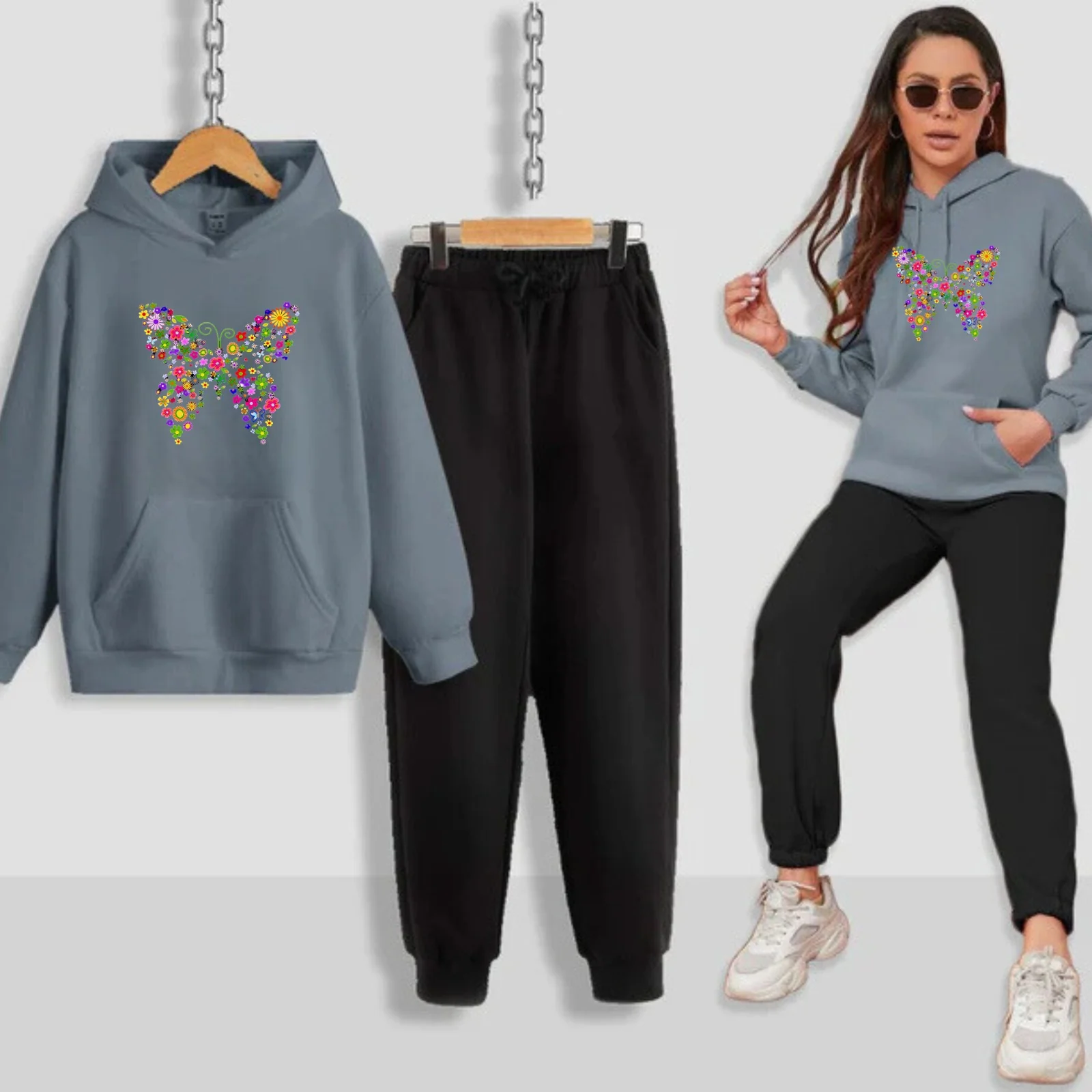 Multi Butterfly Printed Women Hoodie Set - Image 7
