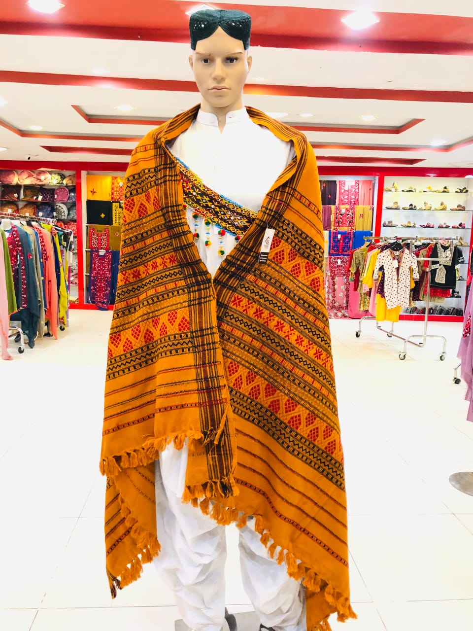 Mustard Red Pattern Weaved Woolen Shawl - Image 2