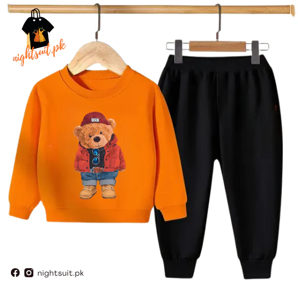 Orange Cute Bear Kids Sweatshirt & Pant