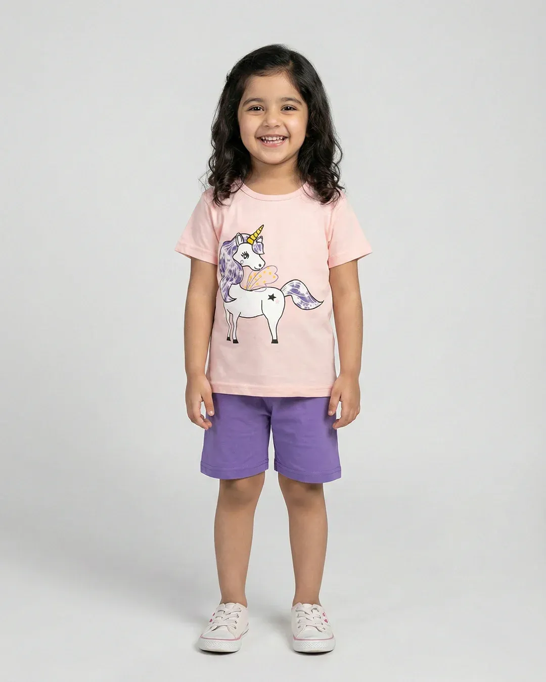 Pink Purple Unicorn Print Short-sleeve Tee & Shorts Set