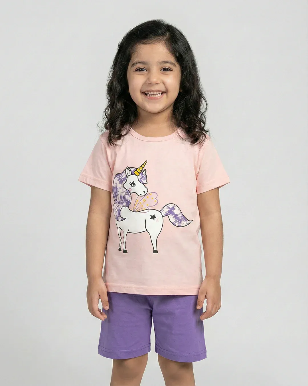 Pink Purple Unicorn Print Short-sleeve Tee & Shorts Set - Image 3
