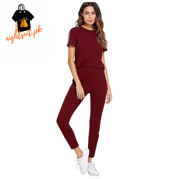 Red and White Striped Tracksuit Tape Tee & Leggings Pants Set for Women - Image 3
